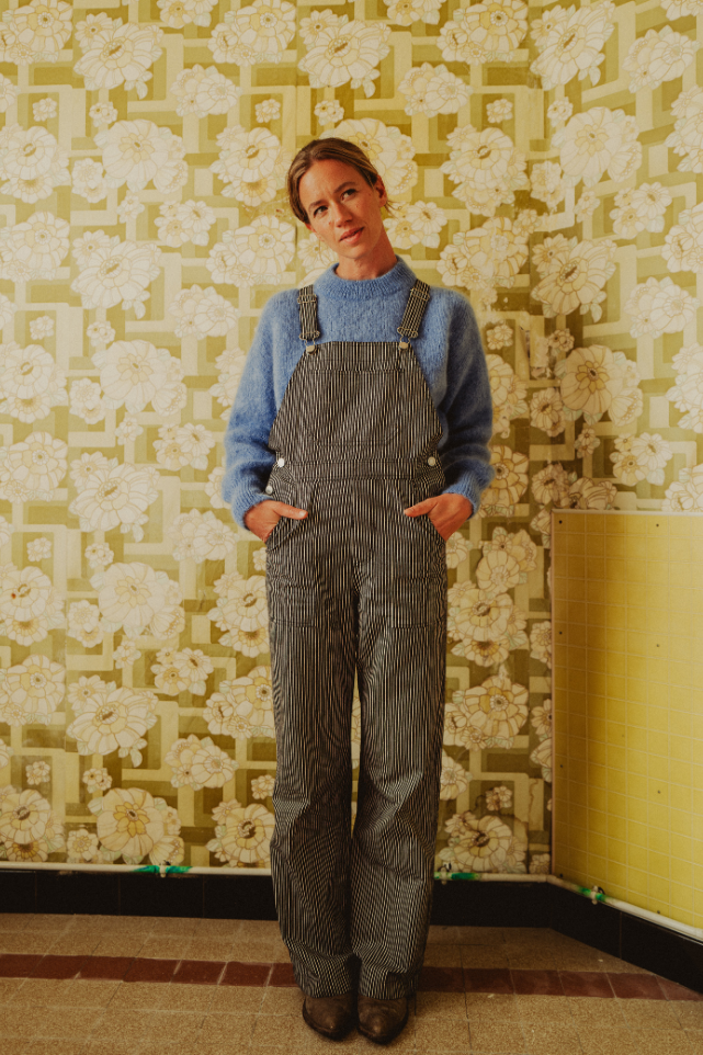 Salopette bleue rayée Dancing Queen, jambes larges fabriquée en France