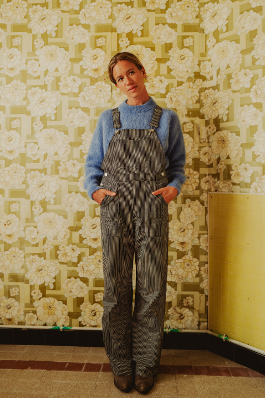 Salopette bleue rayée Dancing Queen, jambes larges fabriquée en France