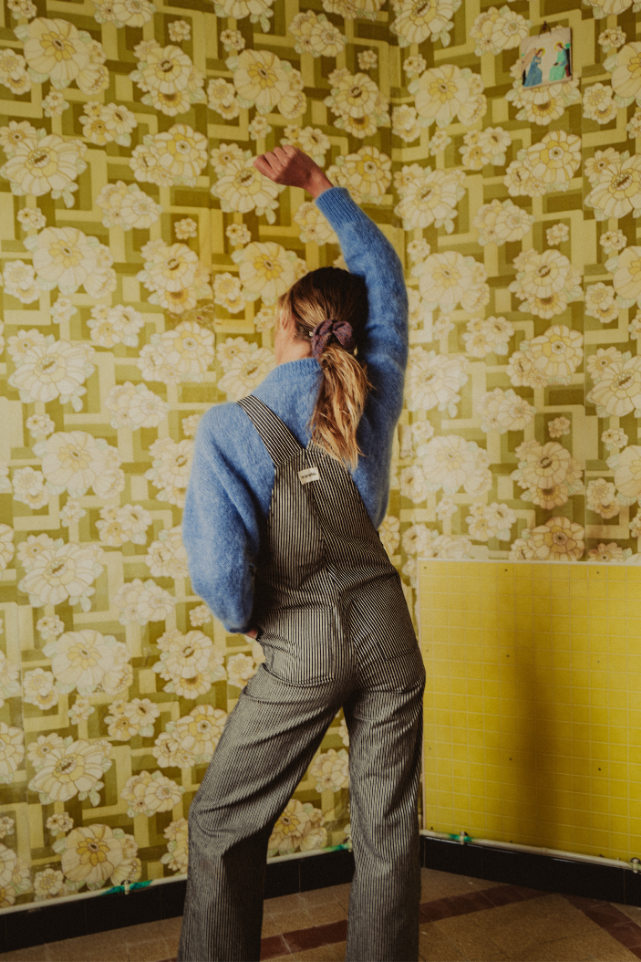 Salopette bleue rayée Dancing Queen, jambes larges fabriquée en France 