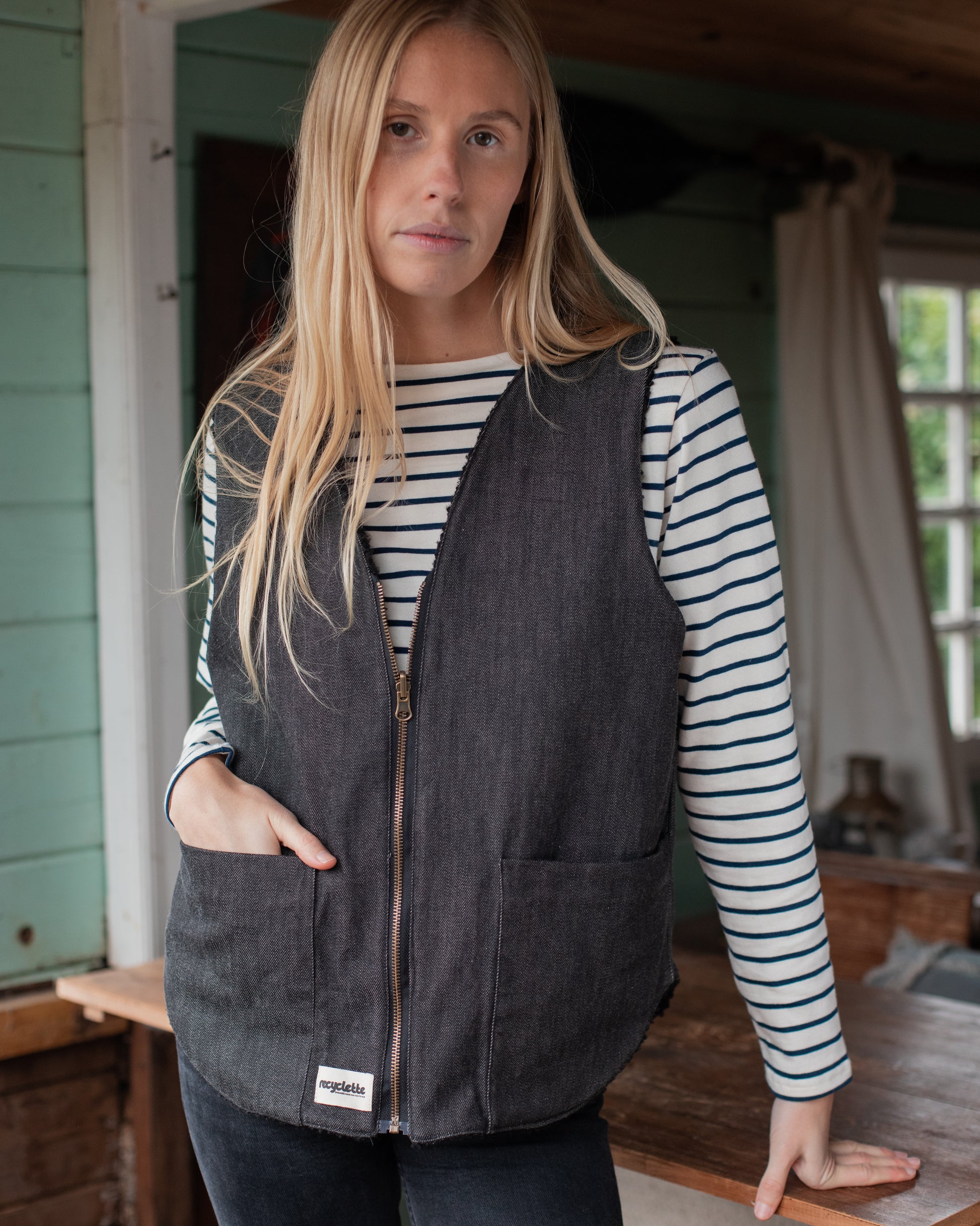 Gilet sans manches réversible noir côté denim 