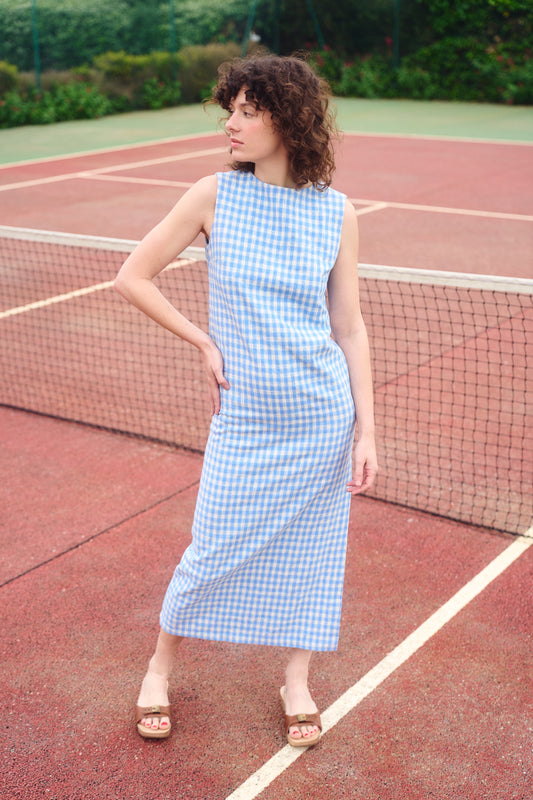 La robe longue vichy bleue